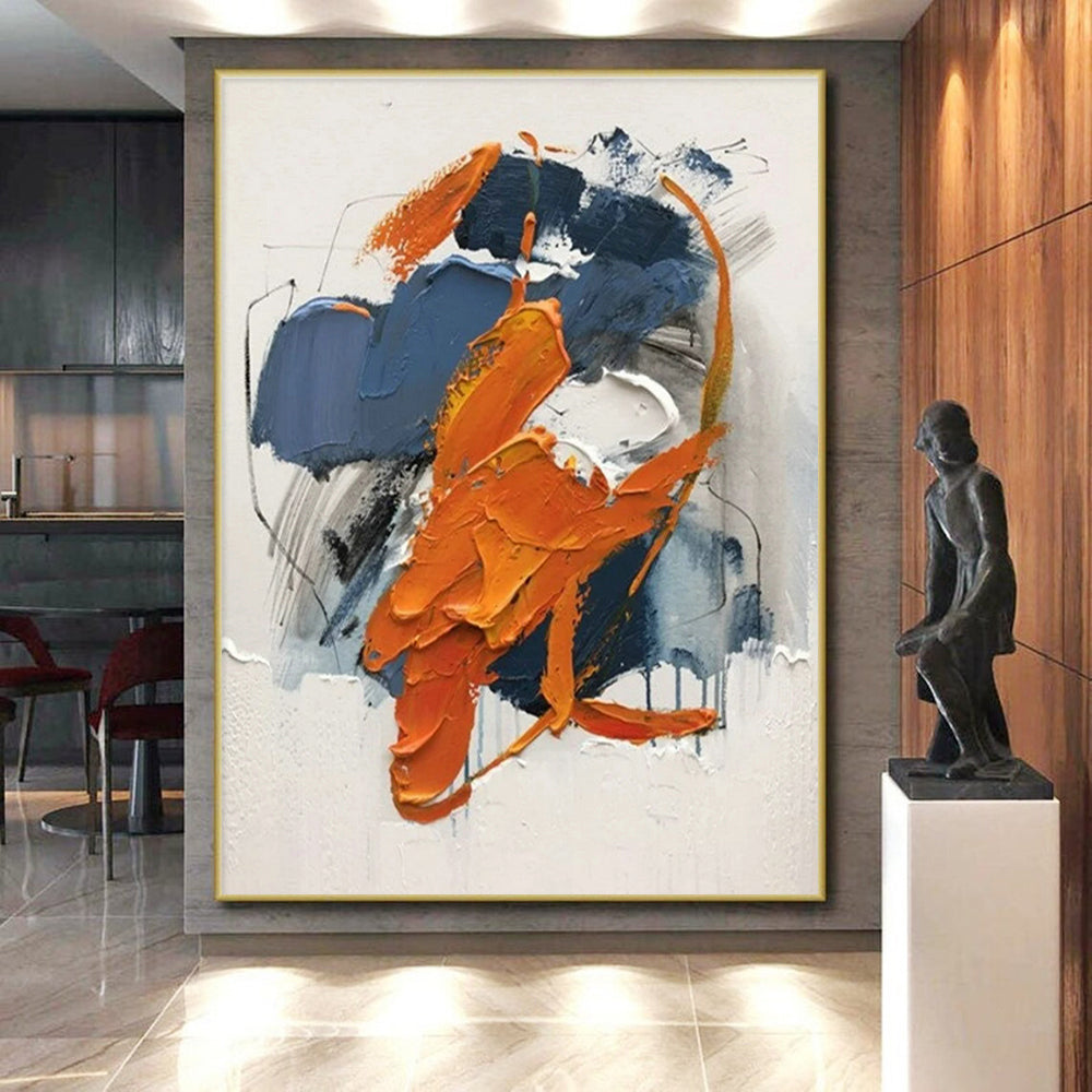 Hand Painted Art Large Size Acrylic Modern Art Paintings with Orange, Blue, Gray Dynamic Shapes - Oversized Abstract Wall Art HS523