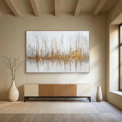 Oversized Canvas Art White, Gold, and Gray Abstract Soundwave - Acrylic Painting WB293