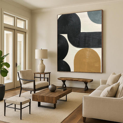 Hand-Painted Black, Beige, and Gray Abstract Curved Line Textured Painting For Sale HS038