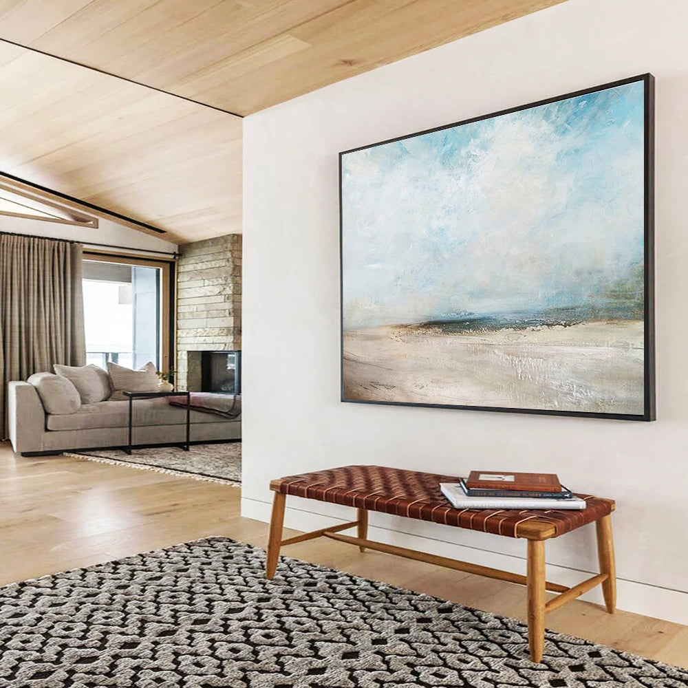 Blue, Beige, Gray Abstract Seaside Landscape Art For Sale WB387