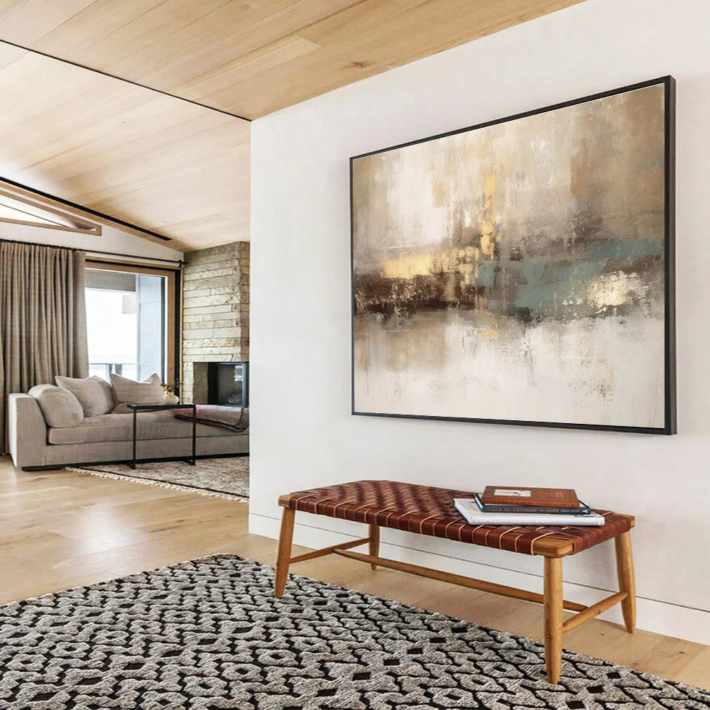 Horizontal Big Size Beige, Brown and Teal Abstract Landscape Painting WB201