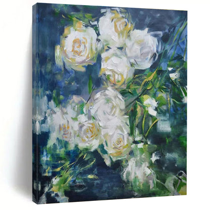 Hand Painted Art White Floral on Blue Abstract Painting HS608
