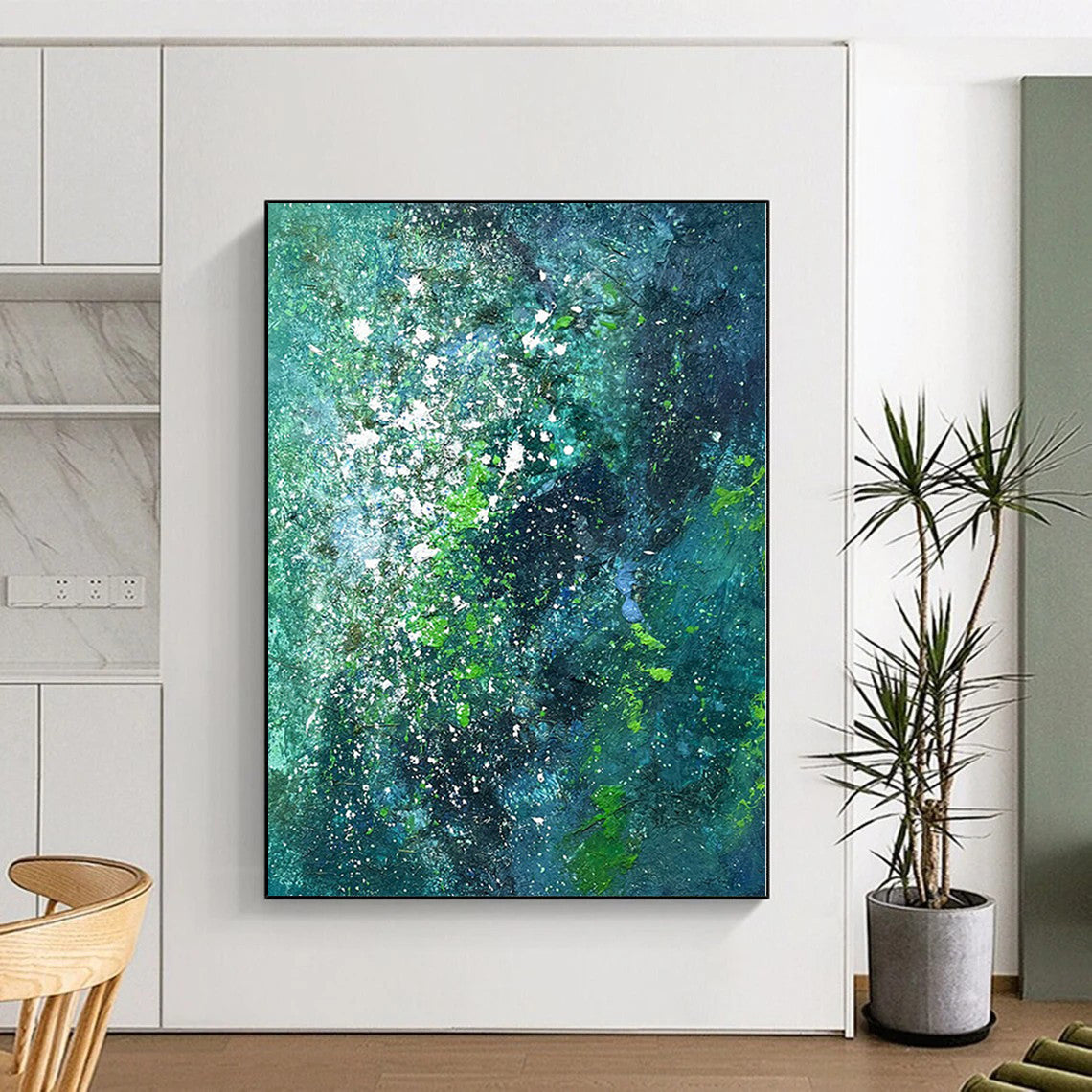 Hand-Painted Teal, Green, and White Abstract Splatter Painting For Sale HS015