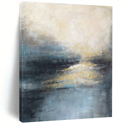 Modern Art Acrylic Blue, Gray, and Gold Textured Abstract Landscape HS713