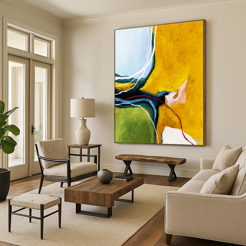 Unique Abstract Art Yellow, Green, and White Dynamic Abstract Painting On Canvas HS823