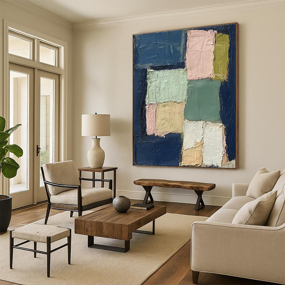 Hand Painted Art Navy & Pastel Blocks, Large Painting In Living Room HS205