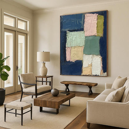Hand Painted Art Navy & Pastel Blocks, Large Painting In Living Room HS205