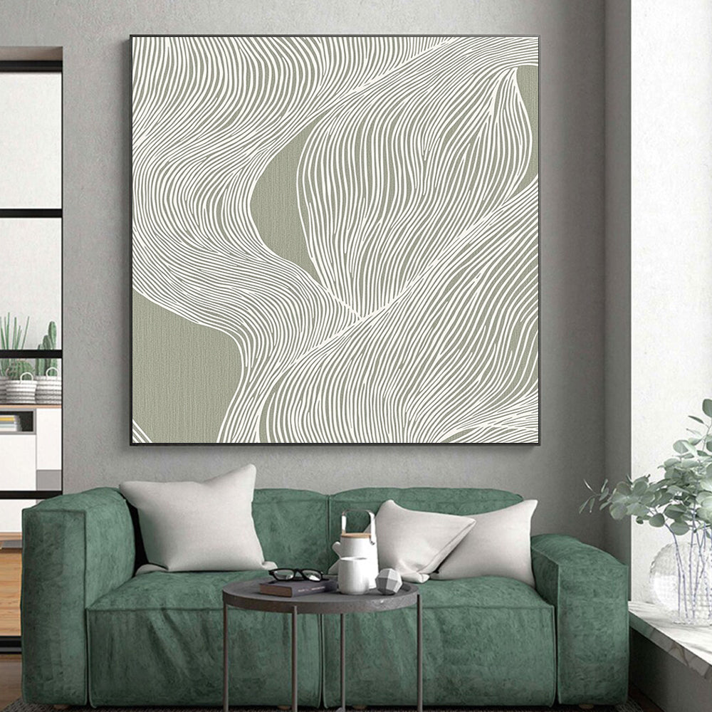 Hand Painted Art Green and White Linear Abstract Art HS192