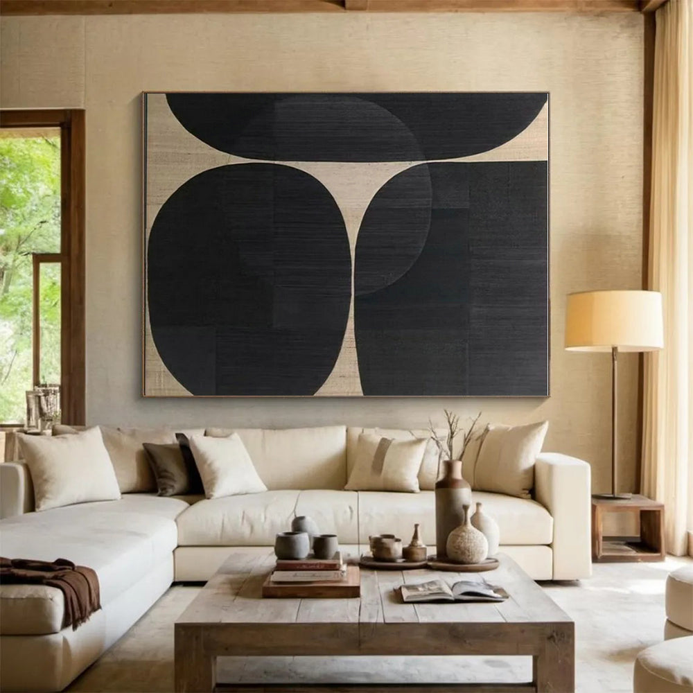 Huge Size Handmade Art with Black, Beige Geometric Shapes - Large Contemporary Wall Art HS515