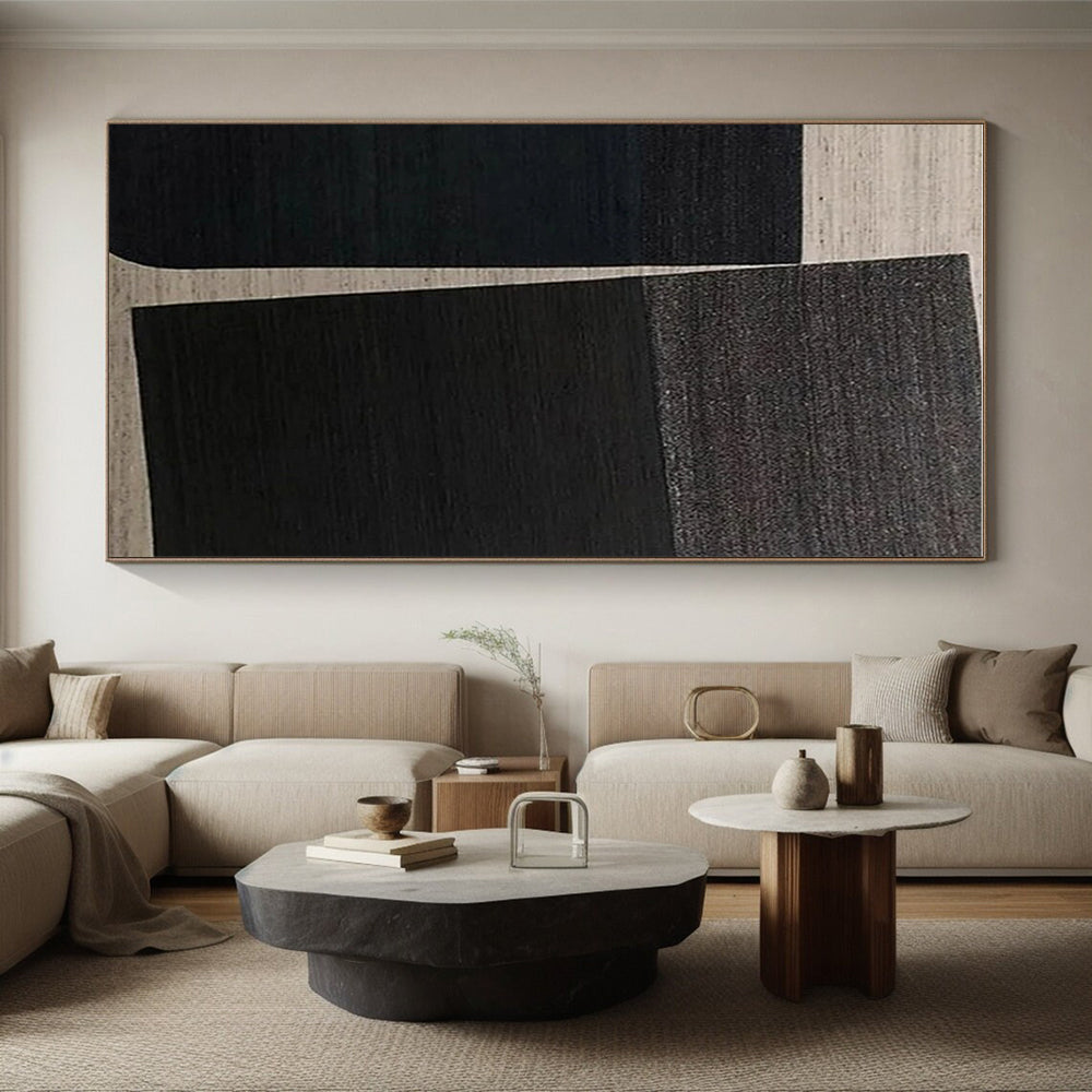 Huge Size Black and Beige Geometric Abstract Art, Large Painting In Living Room HS549