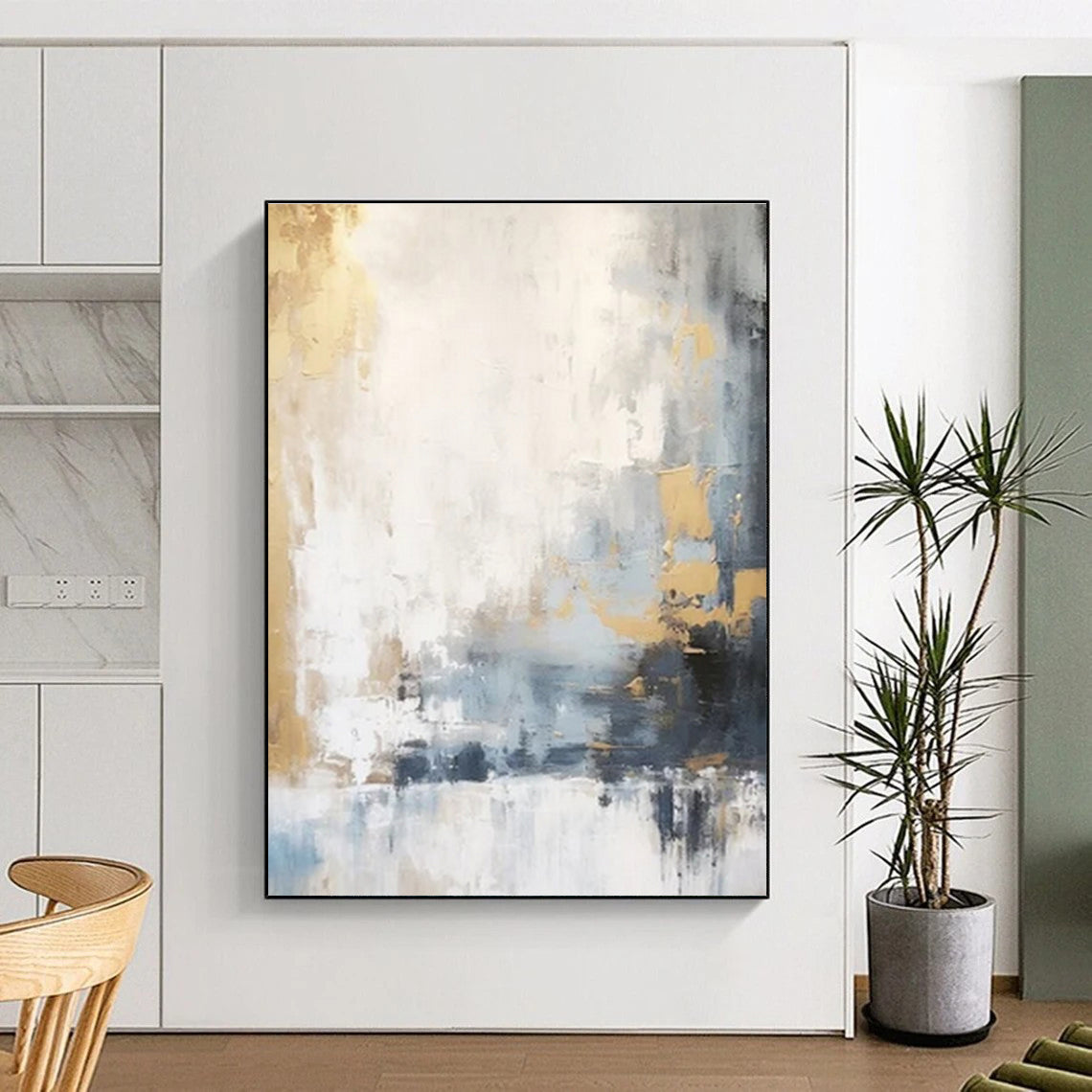 Unique Abstract Art Gray, Gold, and White Textured Abstract Art HS753