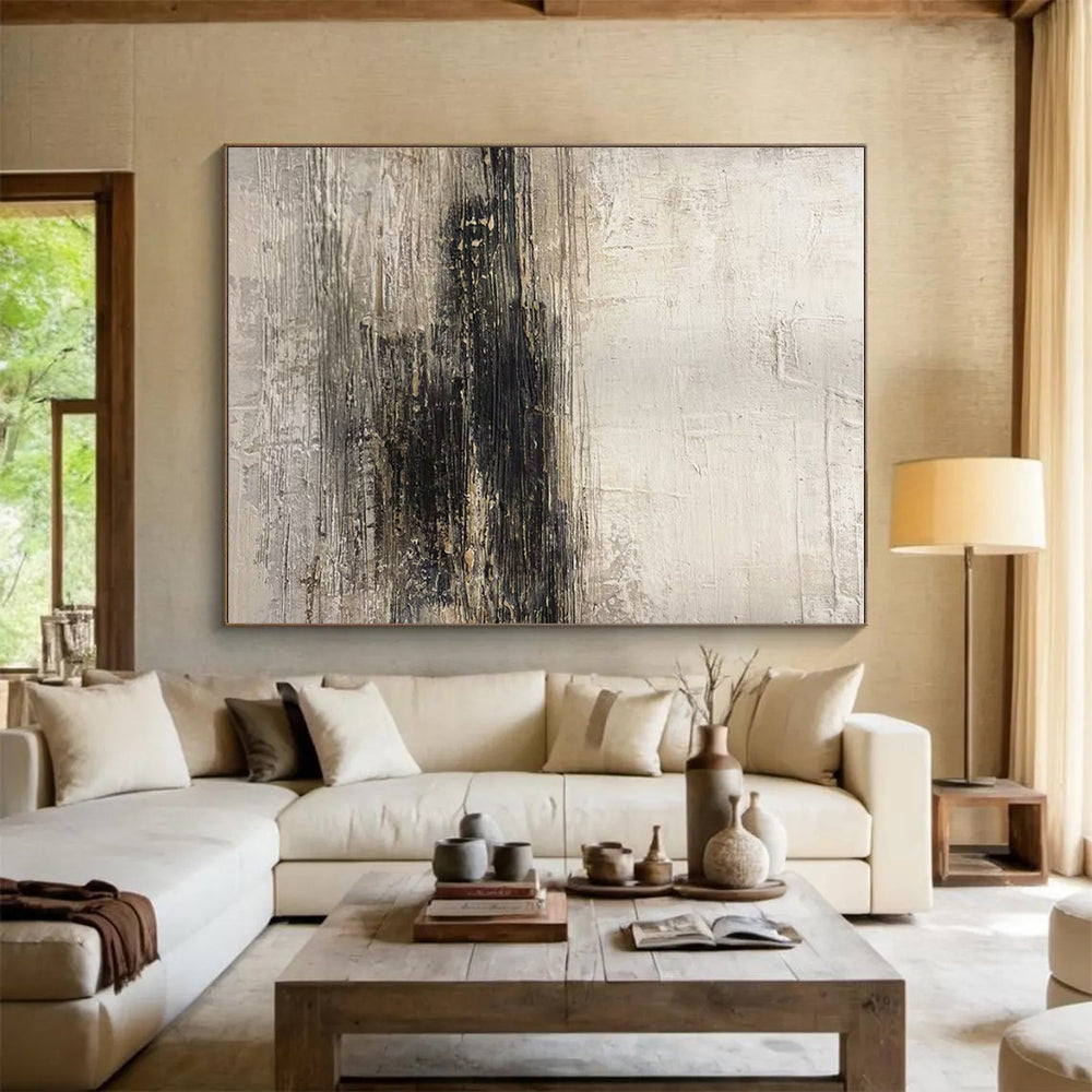 Handmade Art Neutral Tones with Black Textured Abstract Art HS635