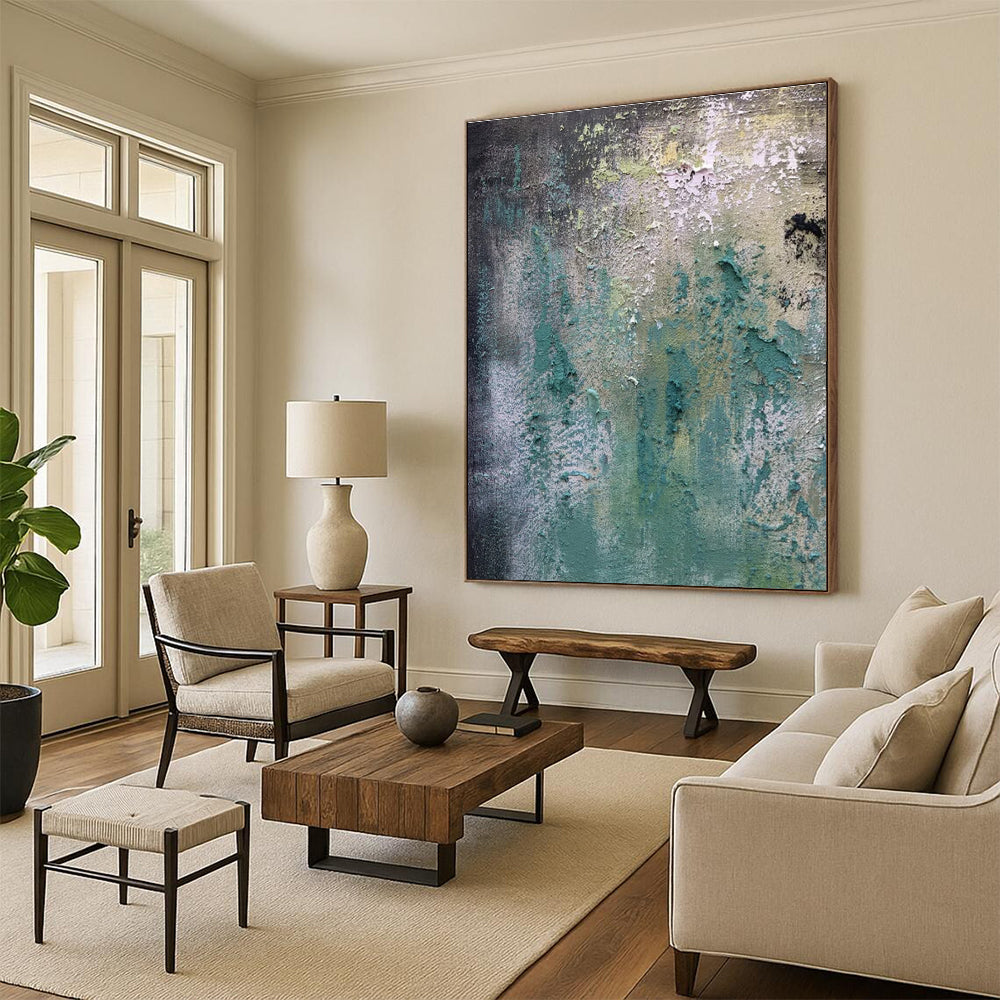 Hand Painted Art Teal, Green, and Gray Textured Abstract Painting On Canvas HS783