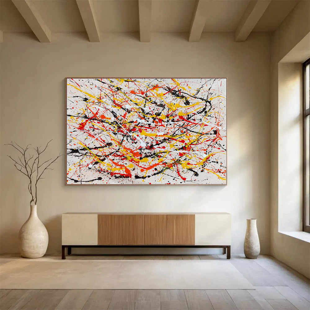 Huge Size Red, Yellow, Black and White Abstract Splatter Painting WB084