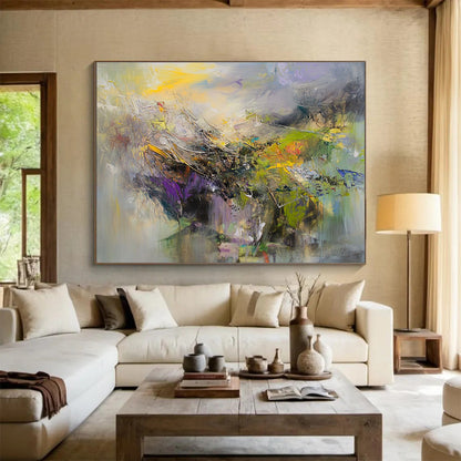 Modern Art Abstract Paintings with Yellow, Purple, Green and Gray Colors, Landscape Abstract Theme WB307
