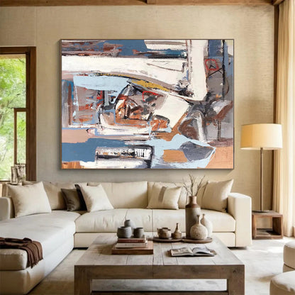 Hand Painted Art Gray, Blue & Terracotta Geometric Abstract, 48x60 Canvas Art HS215