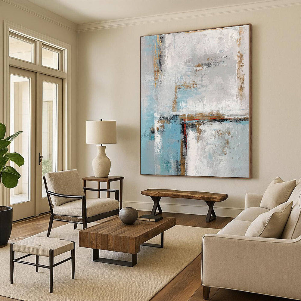 Unique Abstract Art Blue, White & Gold Textured Abstract, Large Contemporary Wall Art HS427