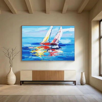 Oversized Canvas Art in Blue and Multicolor Sailboat Abstract Style WB232