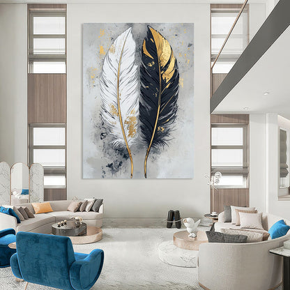 Black, White, and Gold Abstract Feather Painting For Sale WS499
