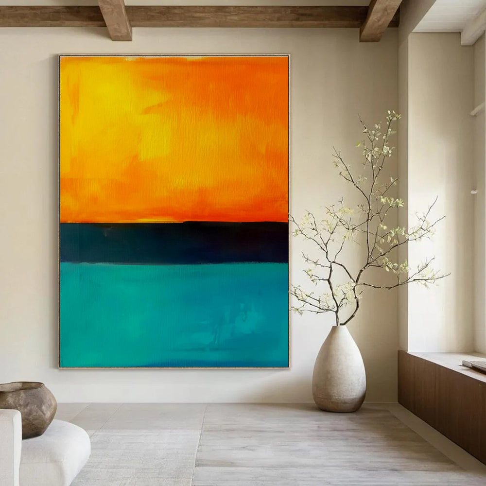 Orange, Teal, and Black Abstract Sunset Seaside Painting For Sale WS498