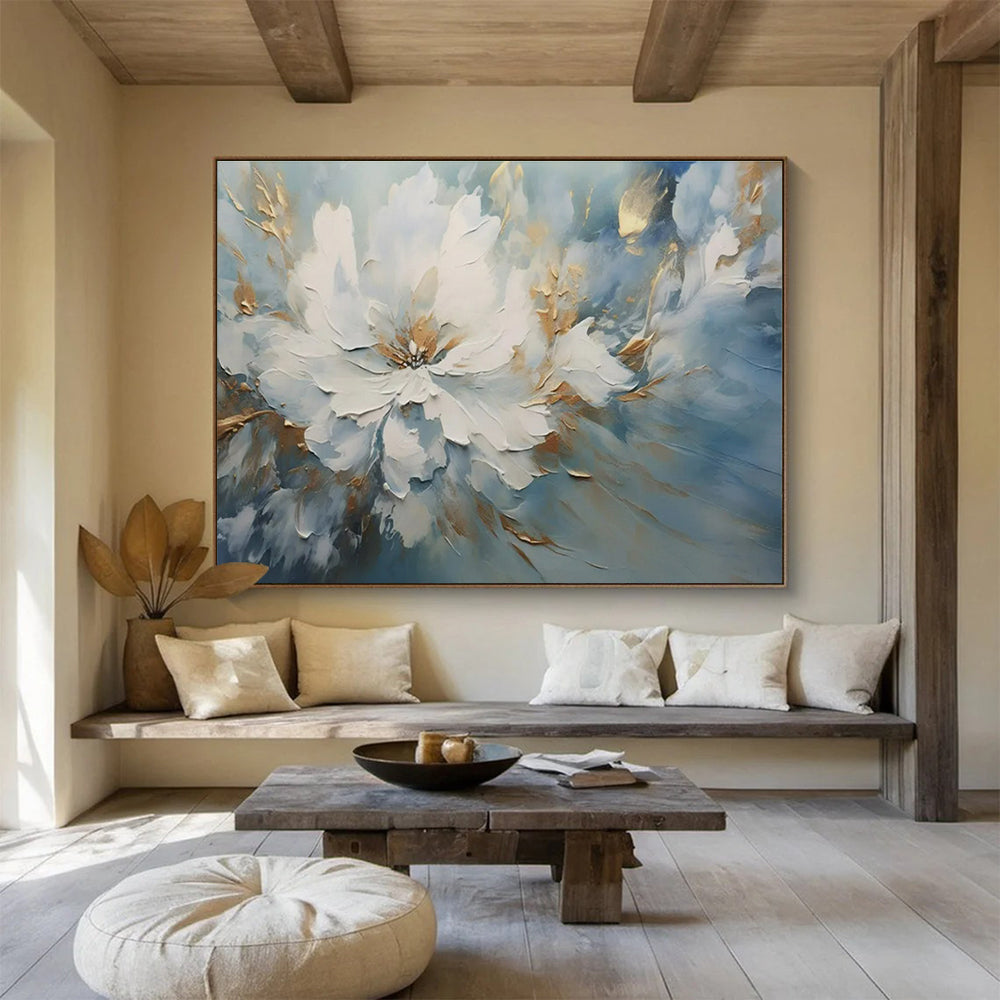 Blue, White, Gold Abstract Floral Art For Sale WB407