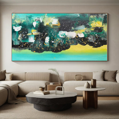Handmade Art Teal, Black & Gold Speckled Abstract, Large Contemporary Wall Art HS212