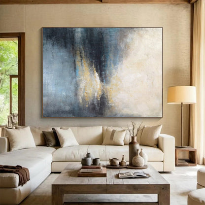 Modern Art Acrylic Blue, Gray, and Gold Textured Abstract Landscape HS707