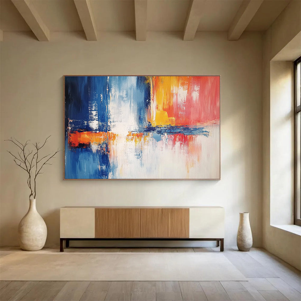 Contemporary Abstract Painting with Blue, Orange, Red and White Colors, Urban Reflection Theme WB301