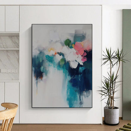 Acrylic Modern Art Paintings Teal, Pink, and White Floral Abstract Art HS718