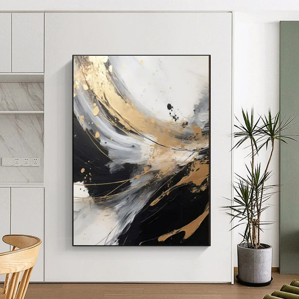 Cool Abstract Paintings Black, White, Gold, and Gray Dynamic Abstract Art HS594