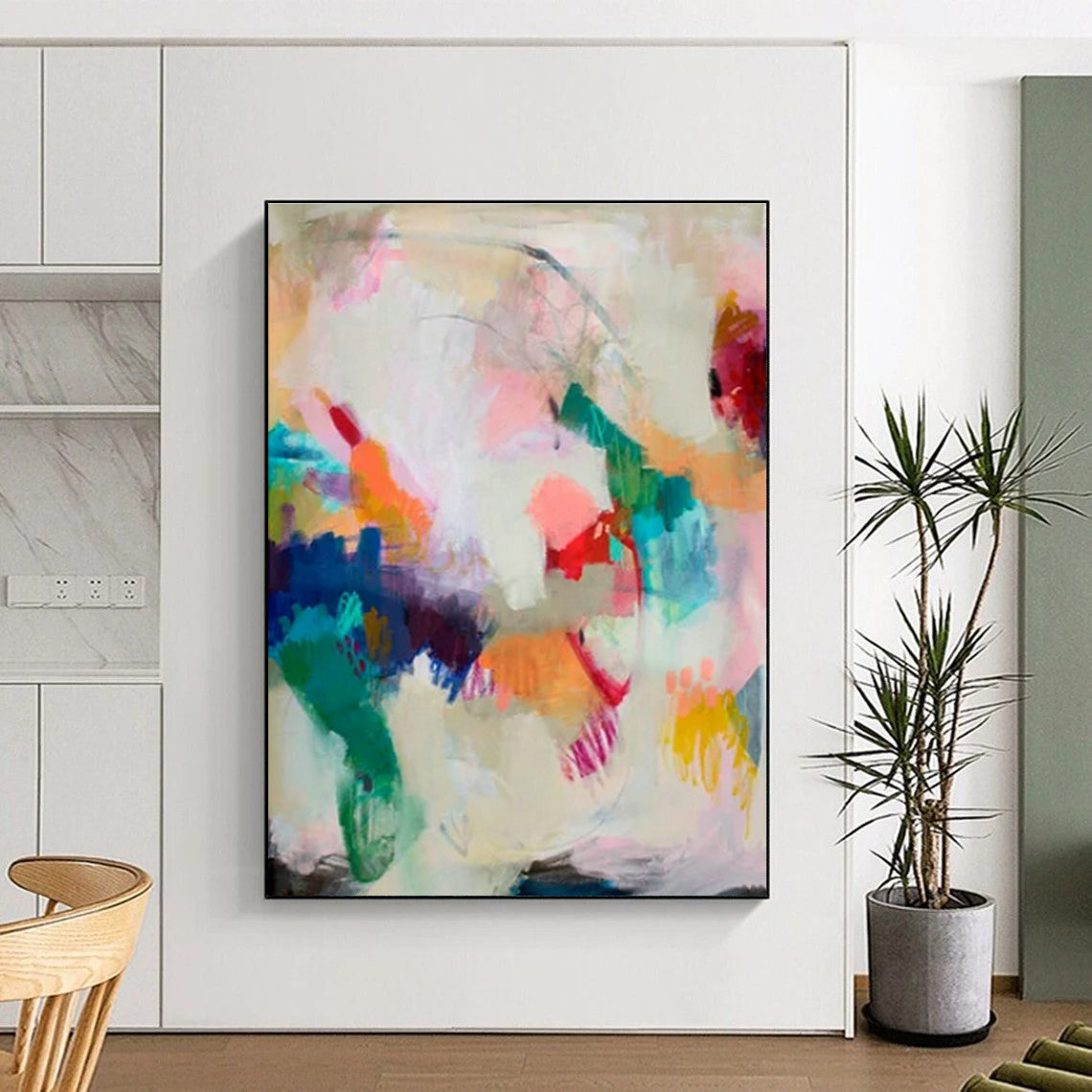 Hand Painted Art Colorful Abstract Acrylic Painting with Pink, Blue, Green, Yellow - Large Painting In Living Room HS516