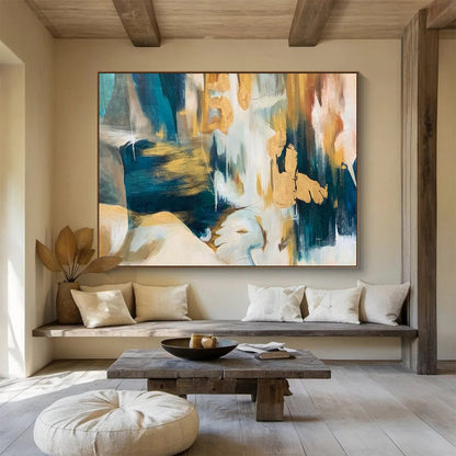 Teal, Gold, White Abstract Figurative-Inspired Art For Sale WB380