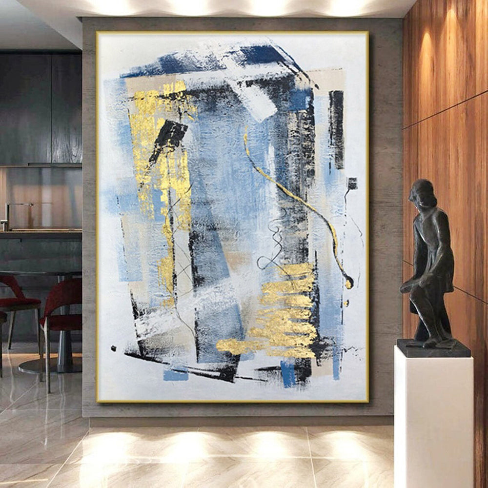 Modern Art Acrylic Blue, Gray & Gold Abstract Geometric Art HS399