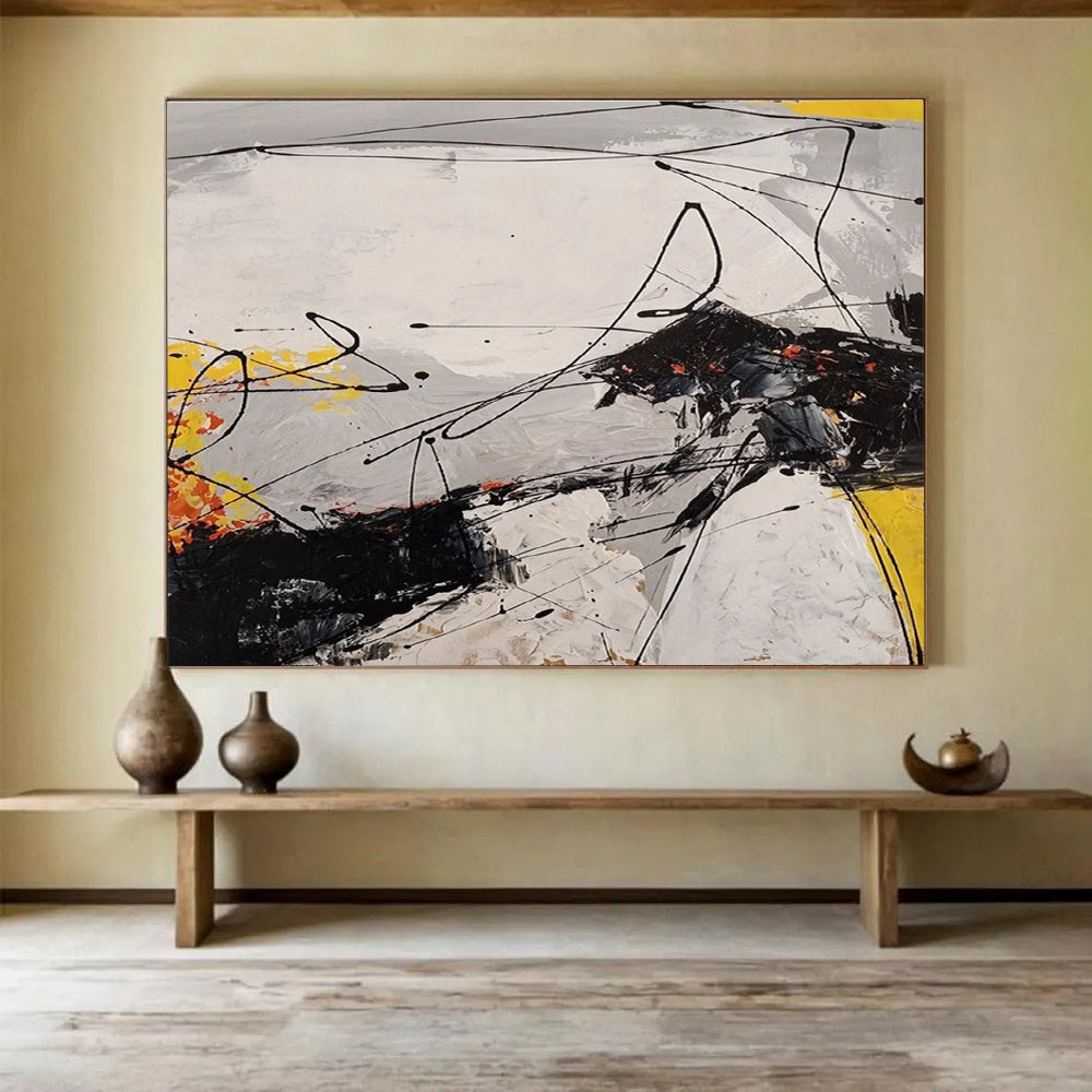 Oversized Canvas Art Black, White, and Yellow Abstract Linear Dynamic Art, Abstract Acrylic Painting WB185