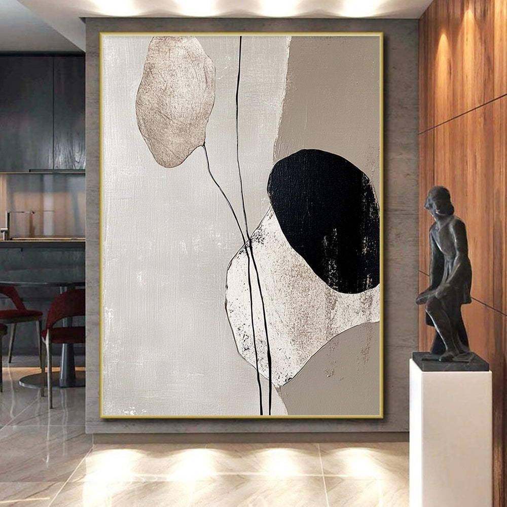 Minimalist Canvas Art Black, White, and Beige Organic Shapes Abstract Painting HS174