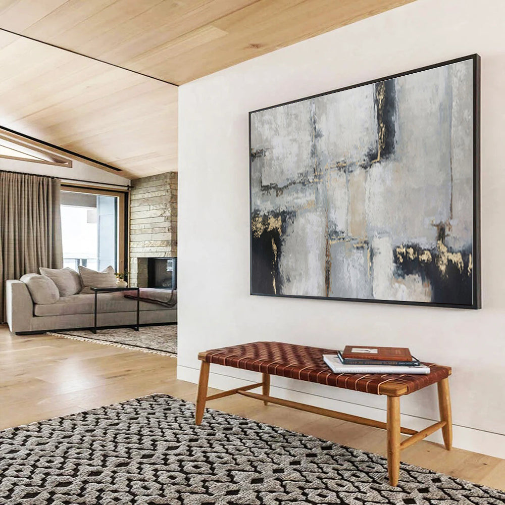 Large Size Gray, Gold and Red Abstract Urban Painting WB089