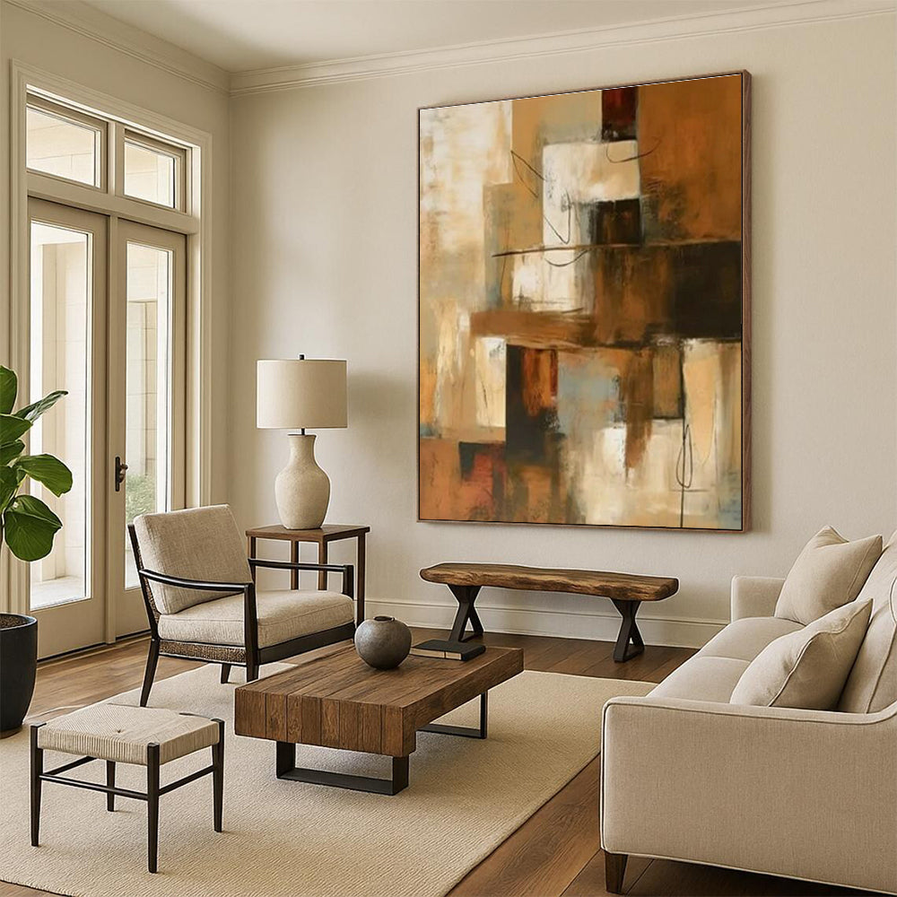 Hand-Painted Modern Art Acrylic with Brown, Beige, Gray Textures - Large Painting In Living Room HS517