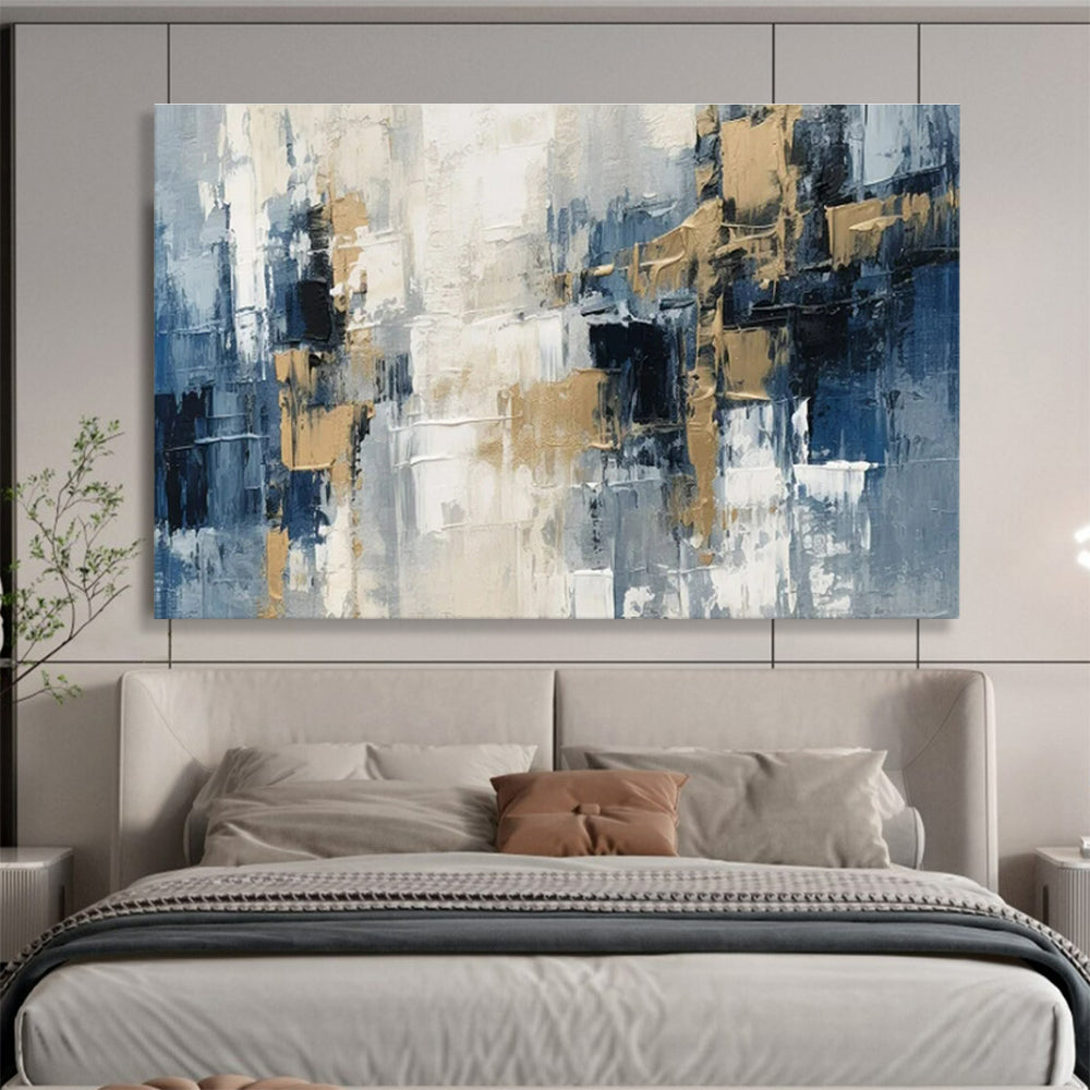 Blue, Gray, Beige Abstract Textured Cityscape Art For Sale WB395