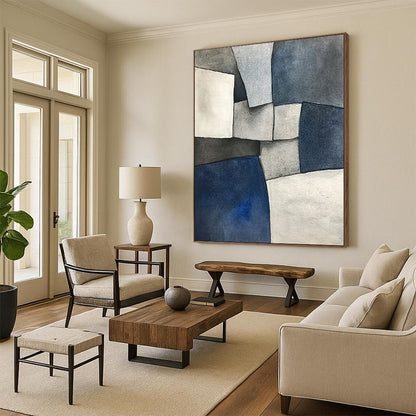 Hand Painted Art Blue, Gray, and White Abstract Shape Painting For Sale HS139