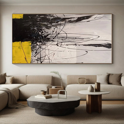 Hand-Painted Black, White & Yellow Gestural Abstract, Acrylic Modern Art Painting HS221