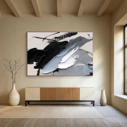Oversized Canvas Art Black, Gray and White Abstract Textured Painting WB087