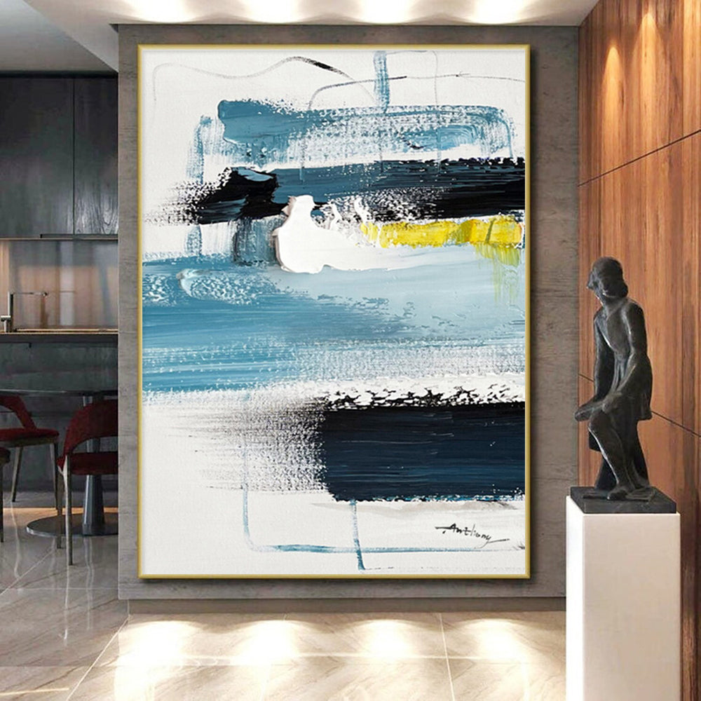 Modern Art Acrylic with Blue, Black, White and Yellow Colors, Abstract Urban Theme HS462