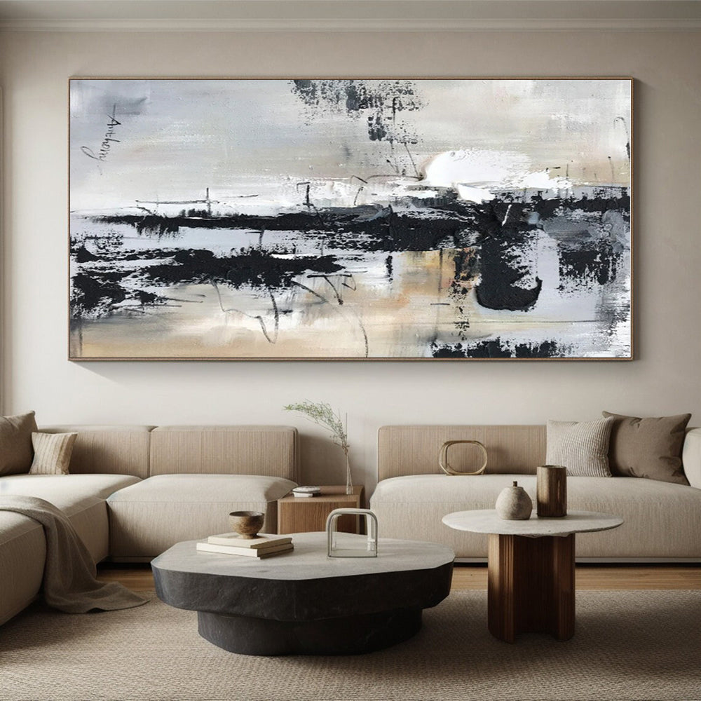 Large Contemporary Wall Art with Black, White, Gray and Beige Colors, Abstract Textured Theme HS469