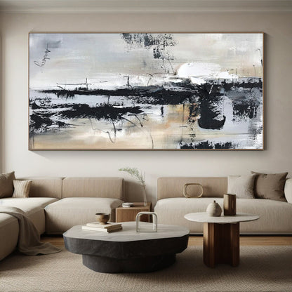 Large Contemporary Wall Art with Black, White, Gray and Beige Colors, Abstract Textured Theme HS469