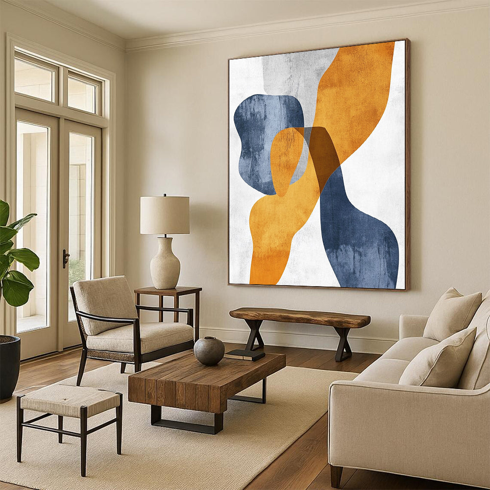 Unique Abstract Art Orange, Blue, and White Abstract Shape Painting For Sale HS124