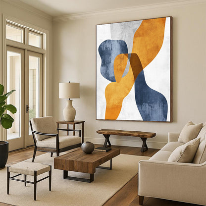 Unique Abstract Art Orange, Blue, and White Abstract Shape Painting For Sale HS124