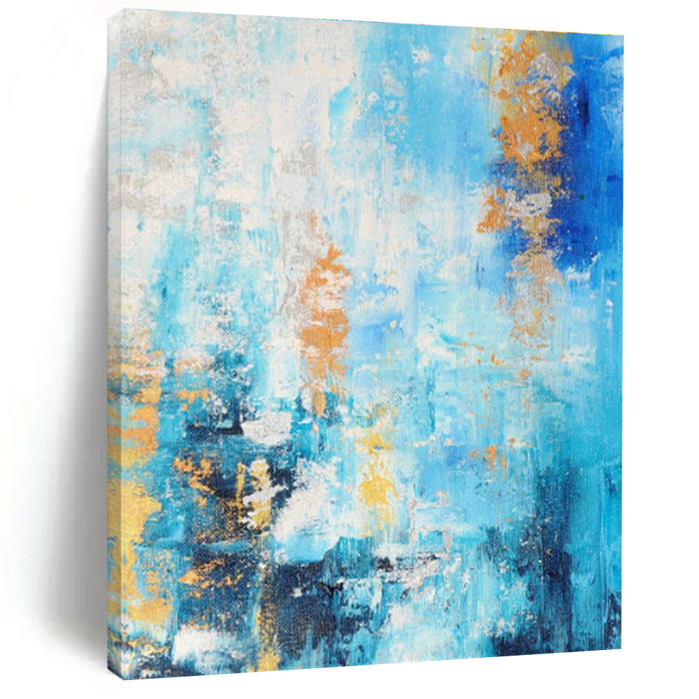Hand-Painted Blue, Gold & White Textured Abstract, Acrylic Modern Art Painting HS281