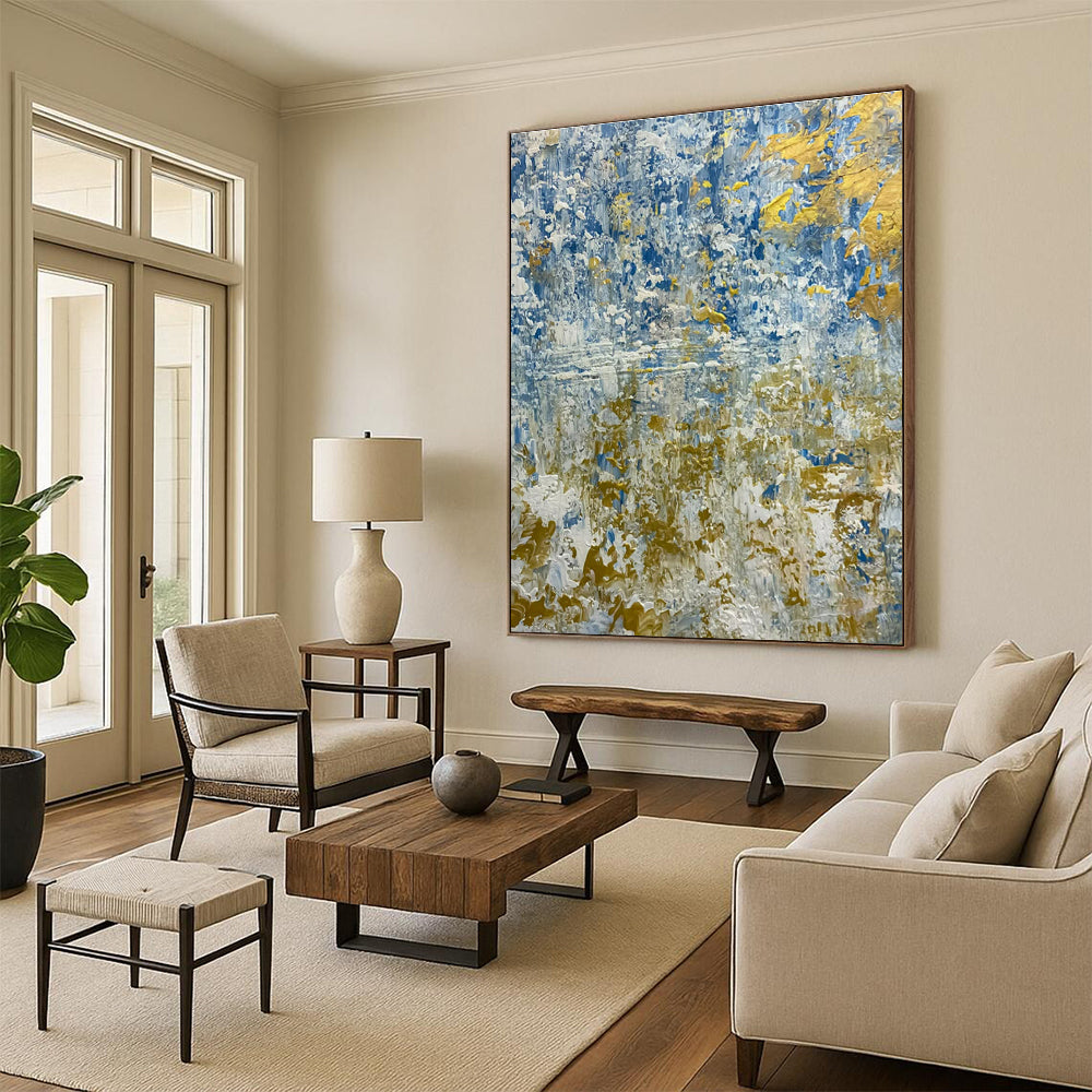 Hand Painted Art Blue, Gold, and White Textured Abstract Landscape HS726