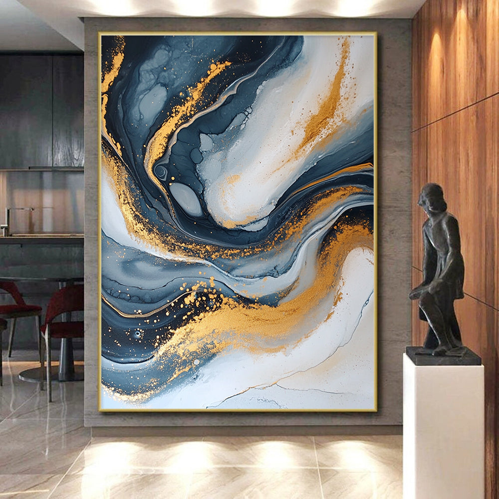 Modern Art Acrylic Black, White, and Gold Abstract Marble Painting For Sale HS114