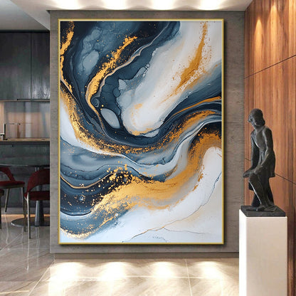 Modern Art Acrylic Black, White, and Gold Abstract Marble Painting For Sale HS114